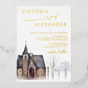 Invitation En Aluminium Aquarelle Old Church Neige Mariage d'hiver