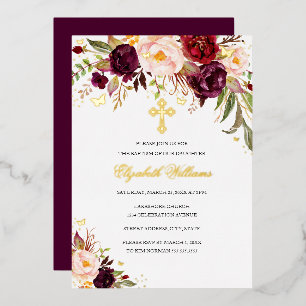 Invitation En Aluminium Aquarelle or de Bourgogne Baptême Floral Girl
