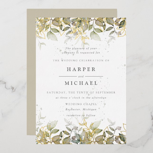 Invitation En Aluminium Aquarelle or et feuillage feuille feuille mariage  (Recto/Verso)