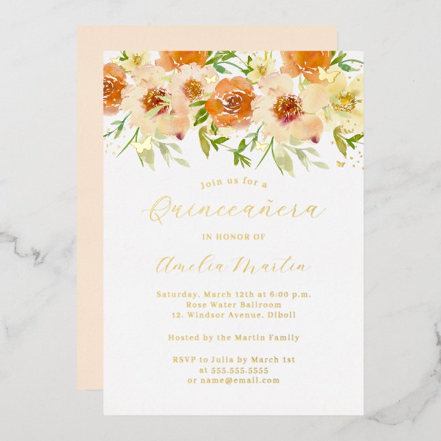 Invitation En Aluminium Aquarelle or Quinceanera Florale (Recto/Verso)