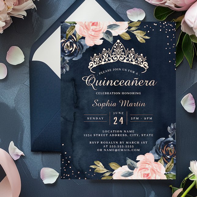 Invitation En Aluminium Aquarelle or Rose de la Marine Quinceanera (Créateur téléchargé)