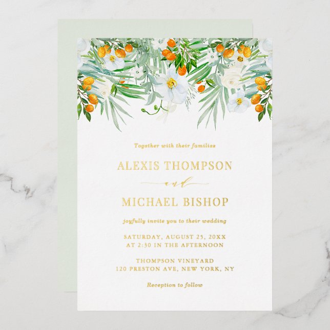 Invitation En Aluminium Aquarelle Orchidées blanches et Mariage Kumquats (Recto/Verso)