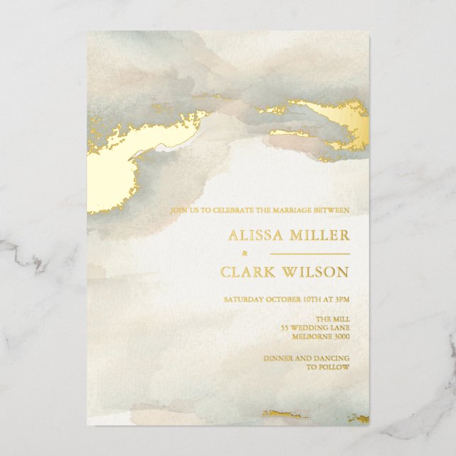 Invitation En Aluminium Aquarelle Peinture Moody Mariage Gold (Recto)