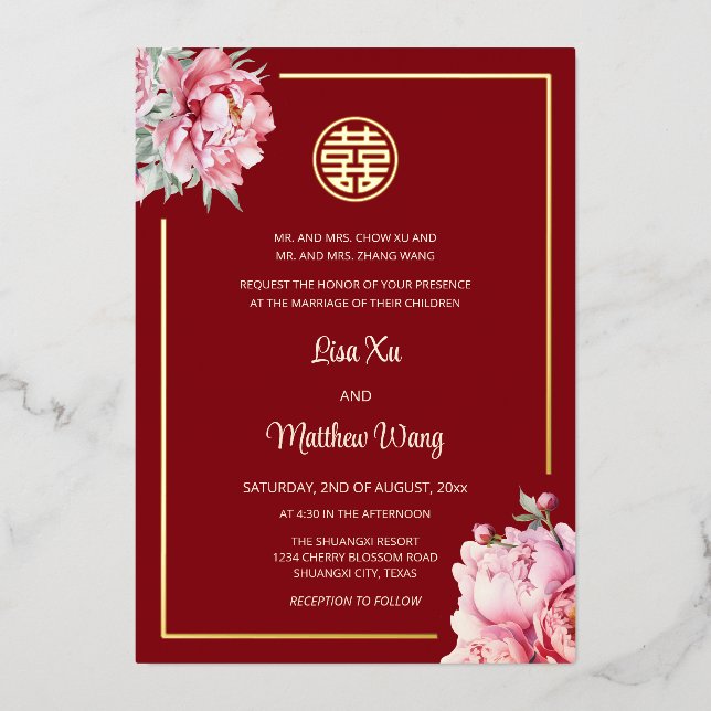 Invitation En Aluminium Aquarelle Peony Rouge or Mariage chinois (Recto)