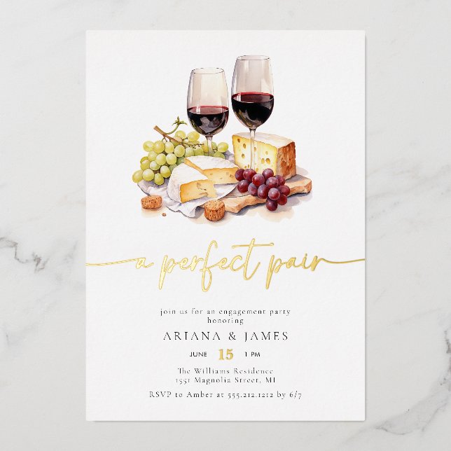 Invitation En Aluminium Aquarelle Perfect Pair Vin Fiançailles Fromage (Recto)