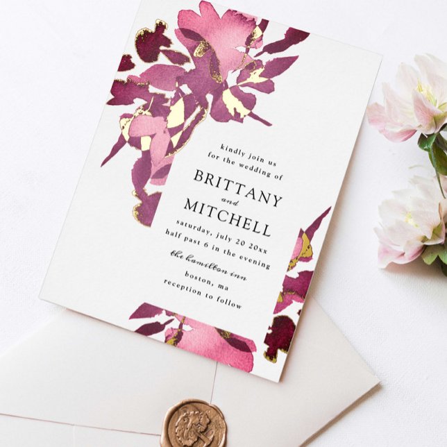 Invitation En Aluminium Aquarelle romantique Floral Plum Gold (Créateur téléchargé)