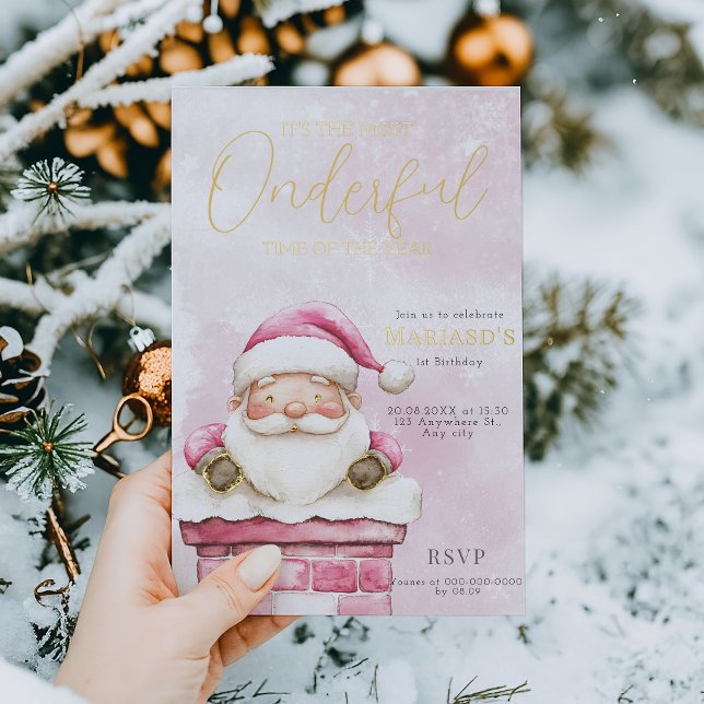 Invitation En Aluminium aquarelle rose Noël Père Noël 1er anniversaire (Créateur téléchargé)