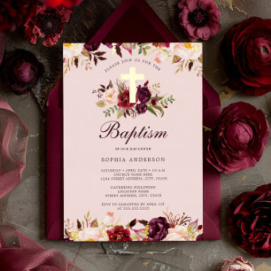 Invitation En Aluminium Aquarelle Rose Or Bourgogne Floral Baptême