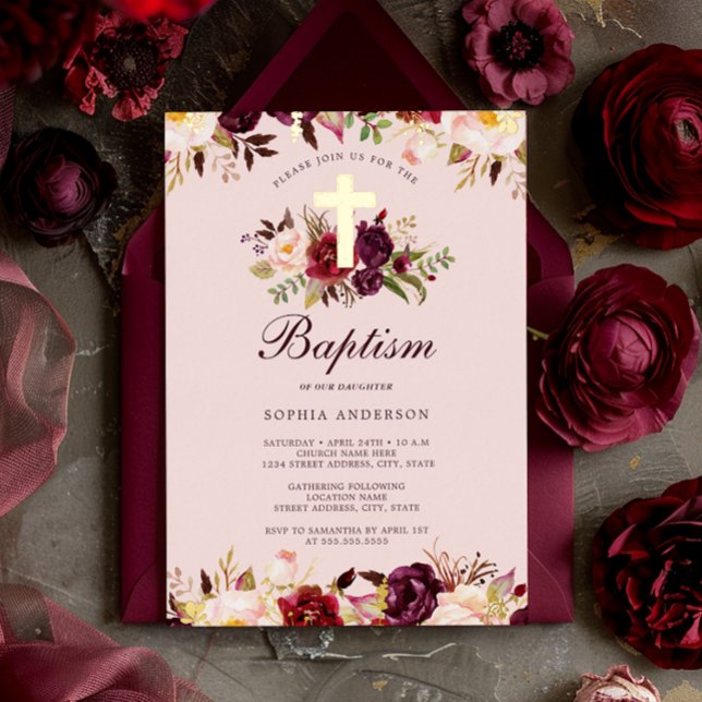Invitation En Aluminium Aquarelle rose or Bourgogne florale Baptême (Créateur téléchargé)