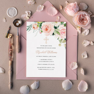 Invitation En Aluminium Aquarelle rose or floral Blush Baptême