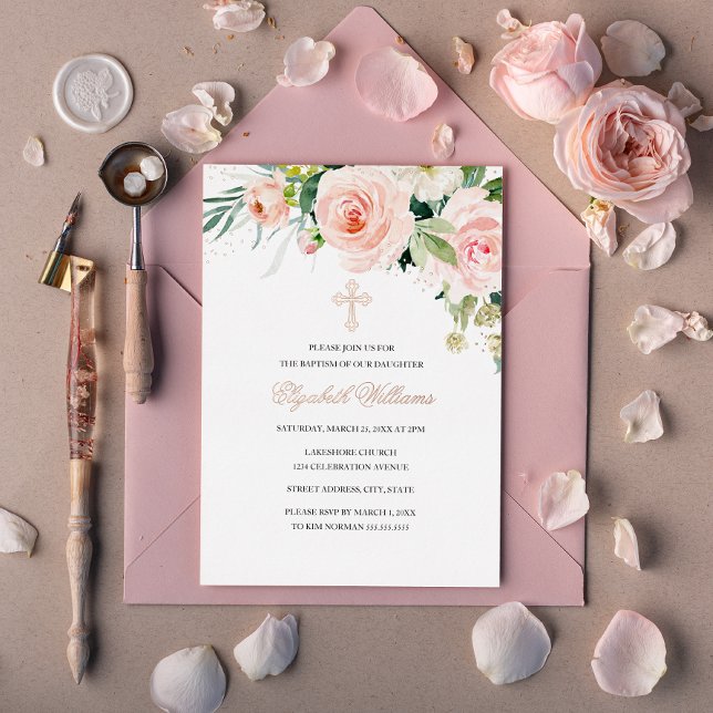 Invitation En Aluminium Aquarelle rose or floral Blush Baptême (Créateur téléchargé)