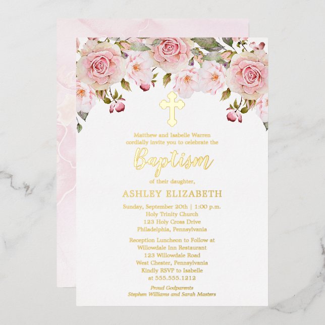 Invitation En Aluminium Aquarelle rose pâle Baptême floral (Recto/Verso)