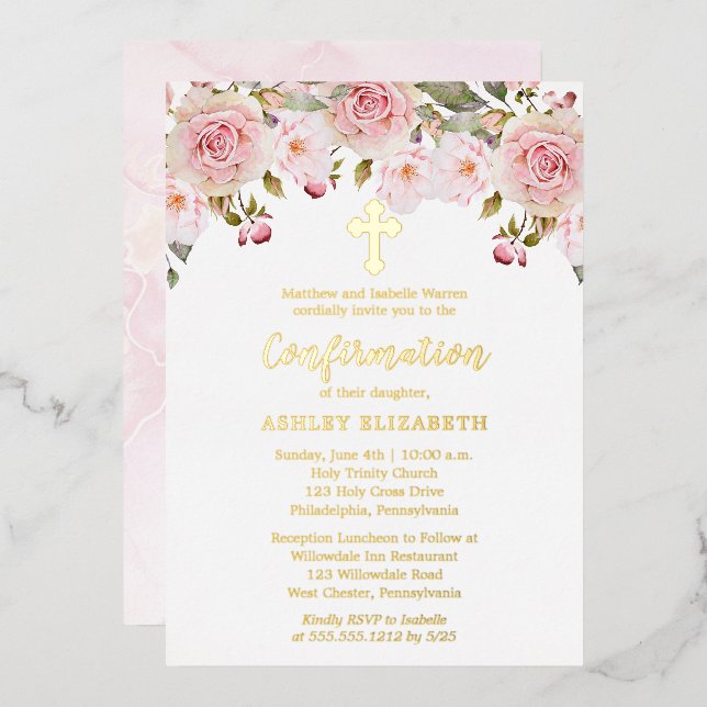 Invitation En Aluminium Aquarelle rose pâle Confirmation Florale Girl (Recto/Verso)
