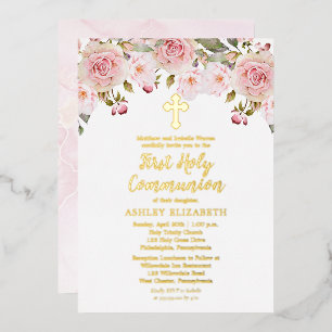 Invitation En Aluminium Aquarelle rose pâle Floral Première Sainte Communi