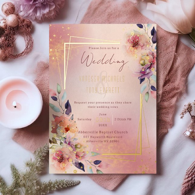 Invitation En Aluminium Aquarelle rose pâle Floral Rose Gold Frame (Garden Wedding Pink Floral Geometric Frame Foil Invitation)