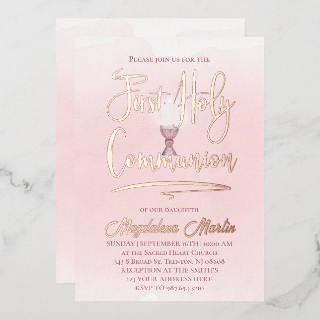 Invitation En Aluminium aquarelle rose Première sainte communion (Recto/Verso)