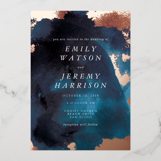 Invitation En Aluminium Aquarelle Texture Moody Mariage de marine (Recto)