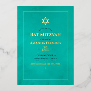 Invitation En Aluminium Aquarelle turquoise et or Bat mitzvah Photo Fo