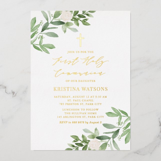Invitation En Aluminium Aquarelle Verdure Floral Première Communion sainte (Recto)