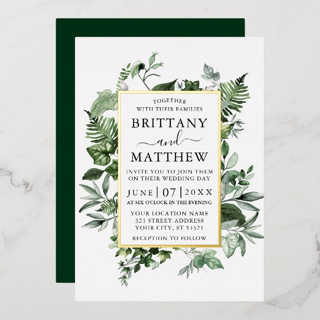 Invitation En Aluminium Aquarelle Verdure Ivy Ferns Sage Mariage Gold (Recto/Verso)