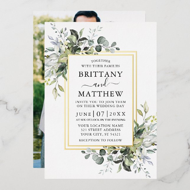 Invitation En Aluminium Aquarelle Verdure Mariage photo 2 Frame Gold (Recto/Verso)