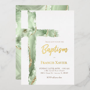 Invitation En Aluminium aquarelle vert agate cross Baptême