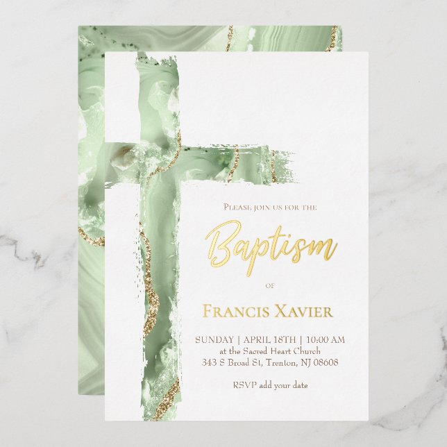 Invitation En Aluminium aquarelle vert agate cross Baptême (Recto/Verso)
