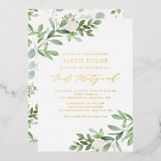 Invitation En Aluminium Aquarelle vert et fleurs blanches Bat mitzvah (Recto/Verso)