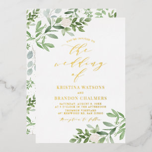 Invitation En Aluminium Aquarelle vert et fleurs blanches Mariage