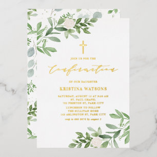 Invitation En Aluminium Aquarelle verte et fleurs blanches Confirmation