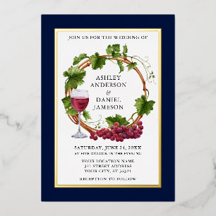 Invitation En Aluminium Aquarelle Vignes Vins Wreath Mariage Blue Gold