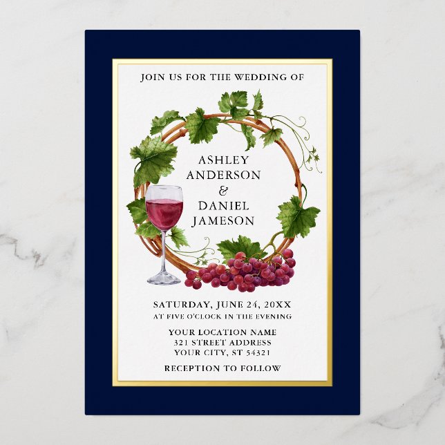 Invitation En Aluminium Aquarelle Vignes Vins Wreath Mariage Blue Gold (Recto)