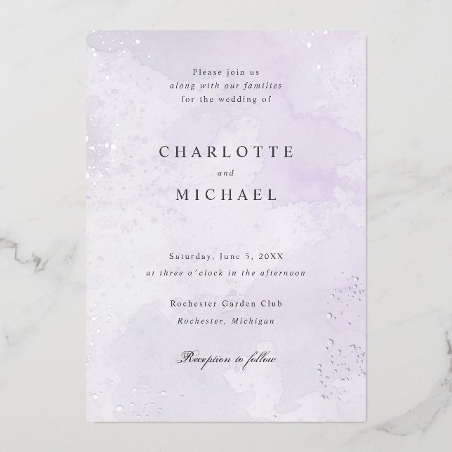 Invitation En Aluminium Aquarelle violette argent feuille mariage (Recto)