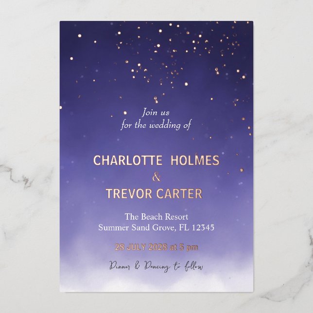 Invitation En Aluminium Aquarelle violette Etoiles modernes Mariage Or (Recto)