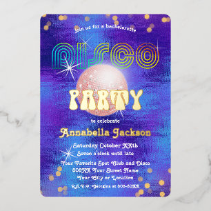 Invitation En Aluminium Arc en ciel et or sur Funky Purple Disco Party