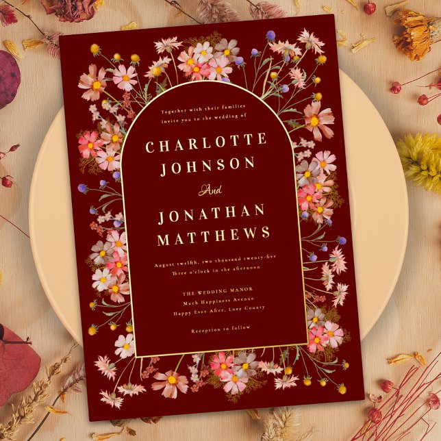 Invitation En Aluminium Arc fleur sauvage Mariage de automne Bourgogne Or (Boho wildflower arch terracotta and gold foil script fall wedding invitation )