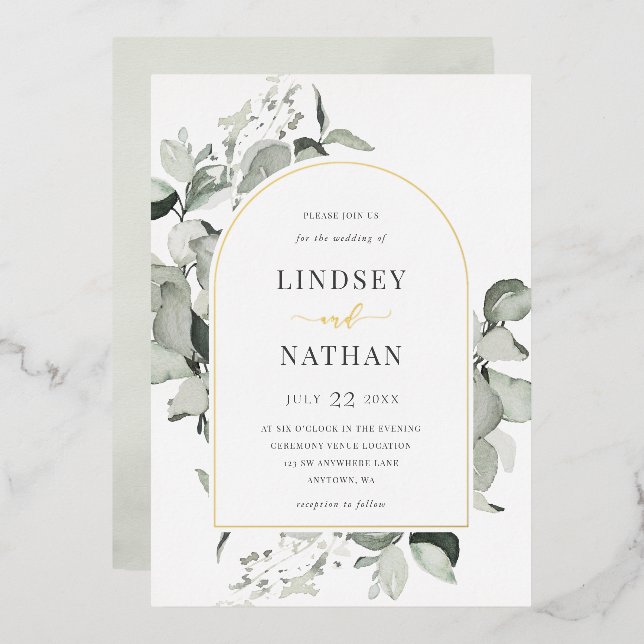 Invitation En Aluminium Arc Mariage moderne Eucalyptus Or (Recto/Verso)