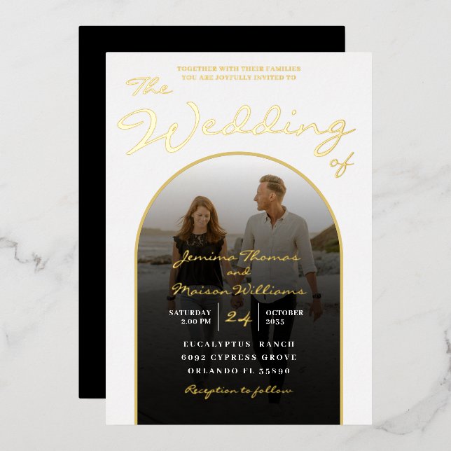 Invitation En Aluminium Arch moderne Gold Foil Script & Photo Mariage Foil (Recto/Verso)