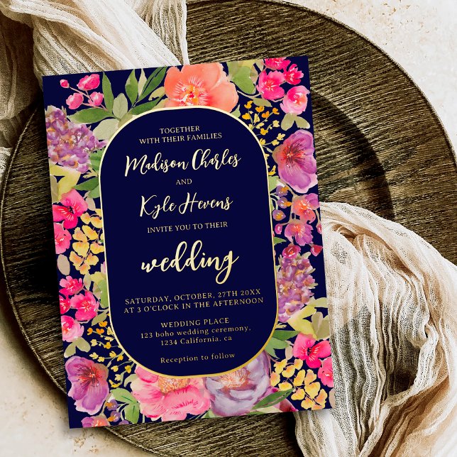 Invitation En Aluminium Arche bohème floral brillant mariage marine (Bohemian bright floral arch script navy wedding foil invitation)
