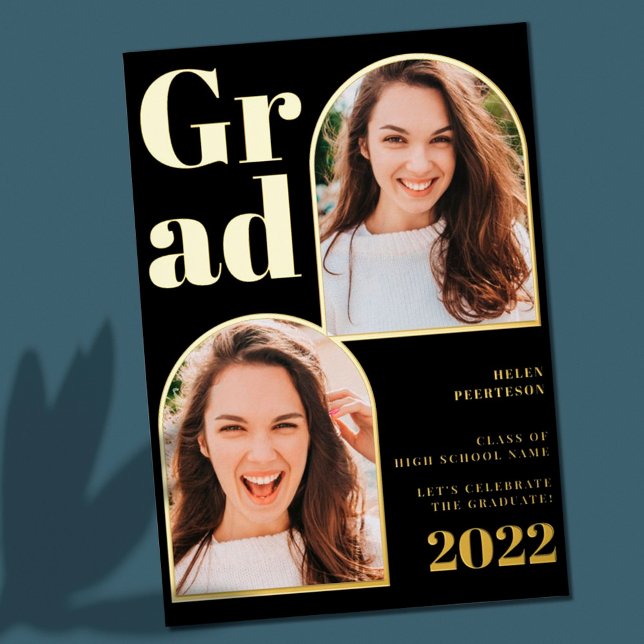 Invitation En Aluminium Arche en or noir moderne 3 photos graduation (Créateur téléchargé)