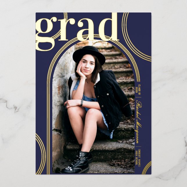 Invitation En Aluminium Arche géométrique Cercle Bleu Vrai Or (Recto)