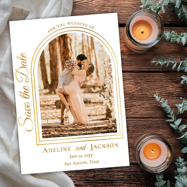 Invitation En Aluminium Arched Photo Elegant Script Save the Date (Arched Photo Elegant Script "Save the Date" Foil Announcement)