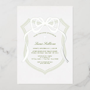 Invitation En Aluminium Argent Bow Sage Green Crest Baptême