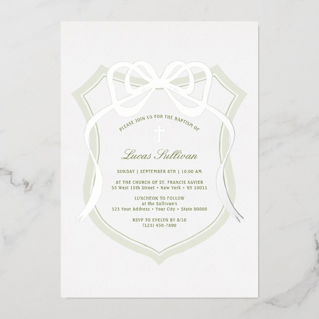 Invitation En Aluminium Argent Bow Sage Green Crest Baptême (Recto)