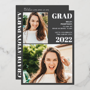 Invitation En Aluminium Argent gris moderne 3 photos graduation