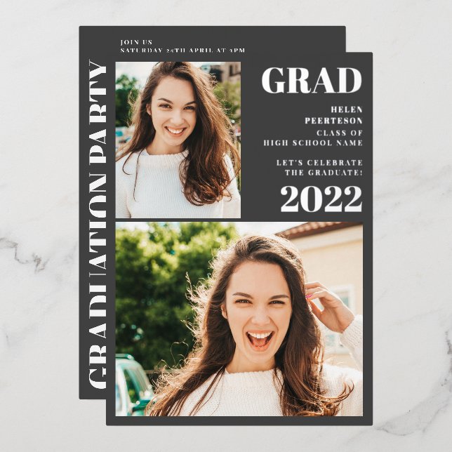 Invitation En Aluminium Argent gris moderne 3 photos graduation (Recto/Verso)