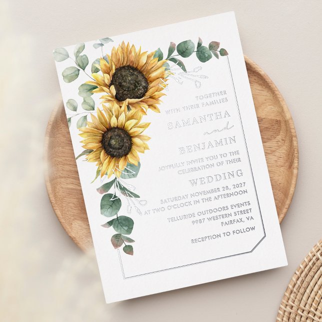 Invitation En Aluminium Argent Mariage de tournesol floral (Floral Sunflower Eucalyptus Wedding Silver Foil Invitation)