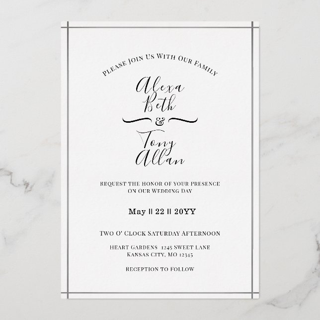 Invitation En Aluminium Argent personnalisé noir et blanc simple (Recto)