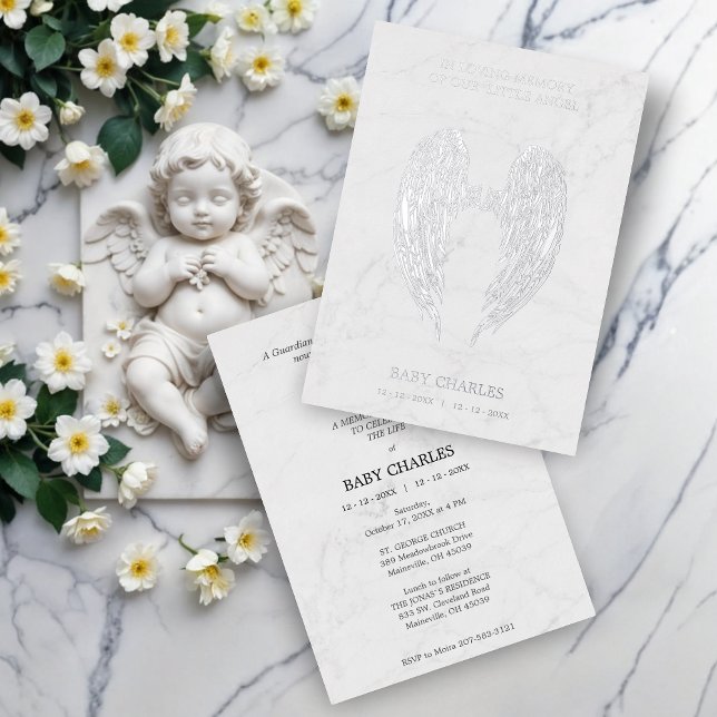 Invitation En Aluminium Argent réel ailes Angel sur marbre Arrière - plan  (Real Silver Angel Wings on Marble Background Funeral Metallic Foil Invitations Cards.)