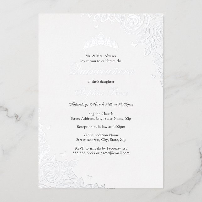 Invitation En Aluminium Argent Rose Floral Quinceanera Anniversaire (Recto)